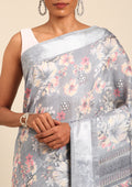 Grey A/O Floral Printed Plaids Woven Line Saree - Taashi