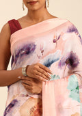 Pastel Peach Watercolor Floral Printed Georgette Saree - Taashi