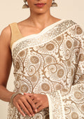 Cream And Heena Stylised A/O Paisley Pattern Linen Saree - Taashi