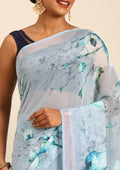 Pastel Blue Watercolor Floral Printed Georgette Saree - Taashi