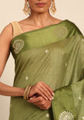 Olive Green Peacock Jacquard Pattern Tussar Saree - Taashi