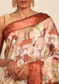 Brown Watercolor Floral Printed And Plaids Woven Linen Saree - Taashi