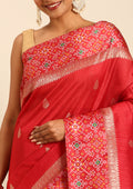 Red Ikat Pattern And Tradition Pattern Woven Tussar Saree - Taashi