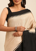 Beige Black Temple Bordered Digital Printed Tussar Saree - Taashi