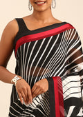 Black And White Abstract Printed Chiffon Saree - Taashi