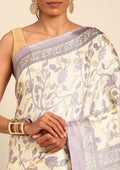 Cream And Mauve Jaal Floral Printed Art Tussar Matka Silk Saree - Taashi