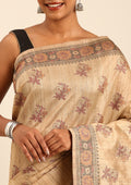 Beige Mughal Floral Woven Pattern Tussar Saree - Taashi