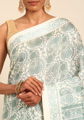Cream And Sage Green Stylised A/O Paisley Pattern Linen Saree - Taashi