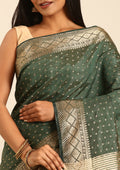 Dark Green Traditional Zari Butta Woven Tussar Saree - Taashi