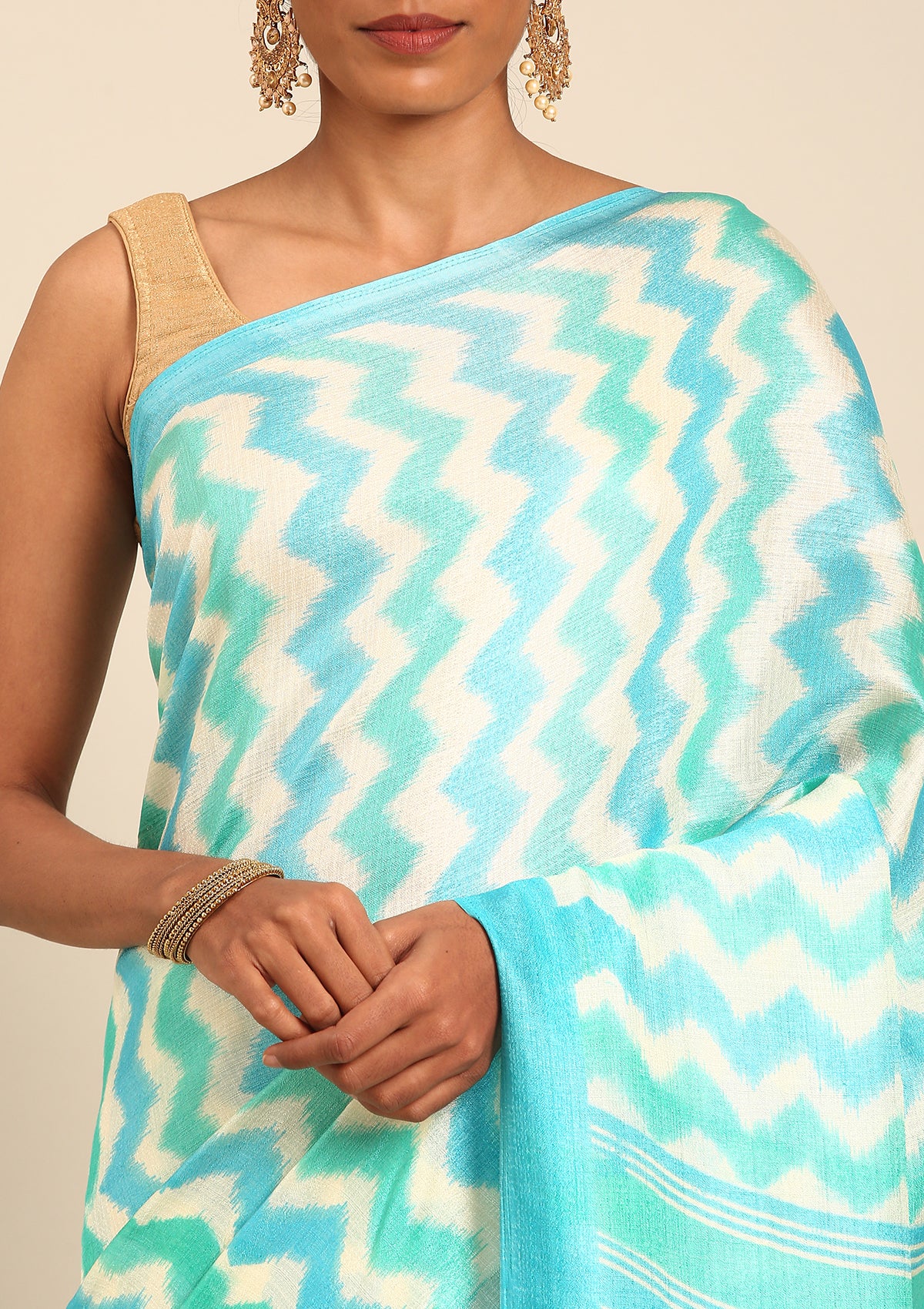 Cream Contrast Zigzag Printed Art Tussar Matka Silk Saree - Taashi