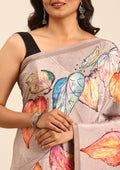 Dusty Brown Leaf Digital Printed Crepe Saree - Taashi