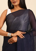 Navy Blue Striped Chiffon Saree - Taashi