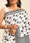 White X Black Printed Art Tussar Matka Silk Saree - Taashi