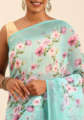 Sky Blue Floral Printed Georgette Saree - Taashi