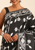 Black And White Floral And Tribal Pattern Woven Tussar Saree - Taashi