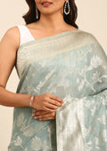 Teal Floral Woven Tussar Saree - Taashi