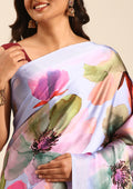 Violet Watercolor Floral Digital Printed Satin Saree - Taashi