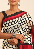 Black And Cream Polkadots Printed Chiffon Saree - Taashi