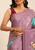 Purple Floral Digital Printed Crepe Saree - Taashi