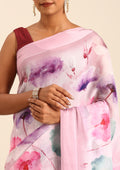 Pastel Pink Watercolor Floral Printed Georgette Saree - Taashi