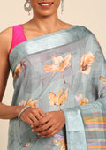 Powder Blue Watercolor Floral Printed And Plaids Woven Linen Saree - Taashi