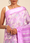 Purple A/O Floral Printed Plaids Woven Line Saree - Taashi