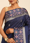 Navy Blue Ikat Pattern And Tradition Pattern Woven Tussar Saree - Taashi