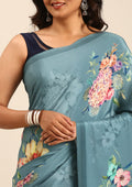 Dusty Powder Blue Floral Digital Printed Crepe Saree - Taashi