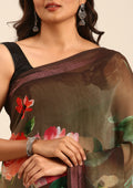 Chocolate Brown Multicolor Floral Digital Printed Georgette Saree - Taashi