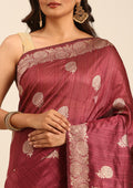 Maroon Floral Butta Pattern Tussar Saree - Taashi