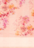Pastel Pink Watercolor Floral Printed And Plaids Woven Linen Saree - Taashi