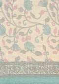 Cream And Teal Jaal Floral Printed Art Tussar Matka Silk Saree - Taashi