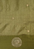 Olive Green Peacock Jacquard Pattern Tussar Saree - Taashi
