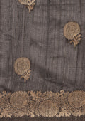 Dark Grey Floral Butta Pattern Tussar Saree - Taashi