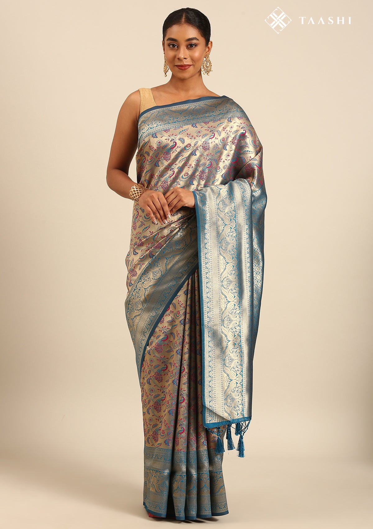 Dusty Blue Tissue Brocade Art Silk Saree 