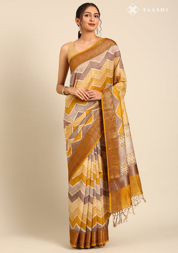 Mustard And Brown Ziggzag Printed Chanderi Saree
