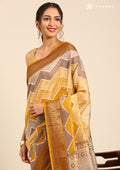 Mustard And Brown Ziggzag Printed Chanderi Saree - Taashi