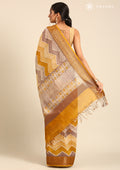Mustard And Brown Ziggzag Printed Chanderi Saree - Taashi