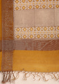 Mustard And Brown Ziggzag Printed Chanderi Saree - Taashi