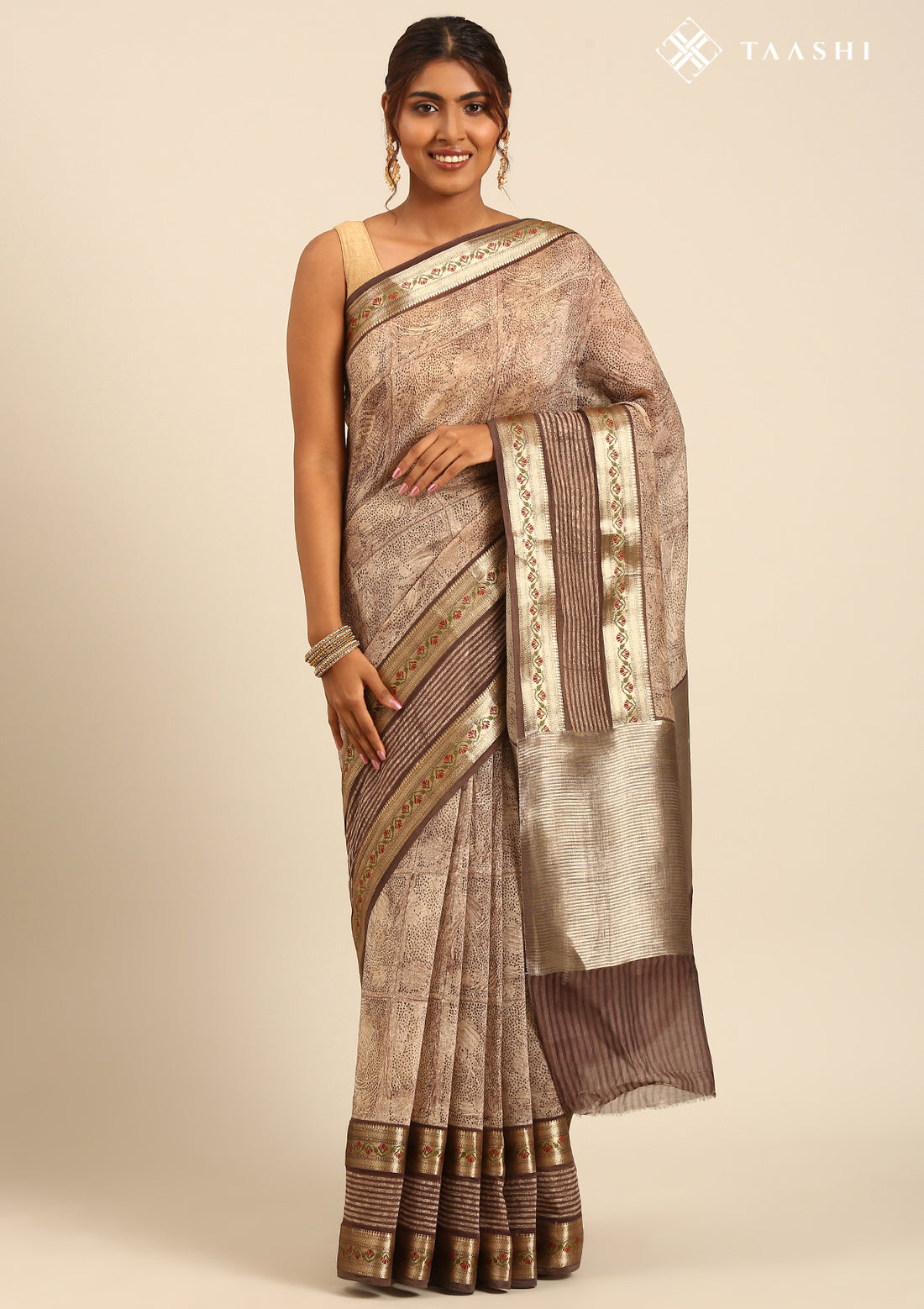 Brown Chanderi Saree With Textured Print & Stripes