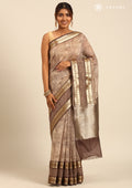 Brown Chanderi Saree With Textured Print & Stripes - Taashi