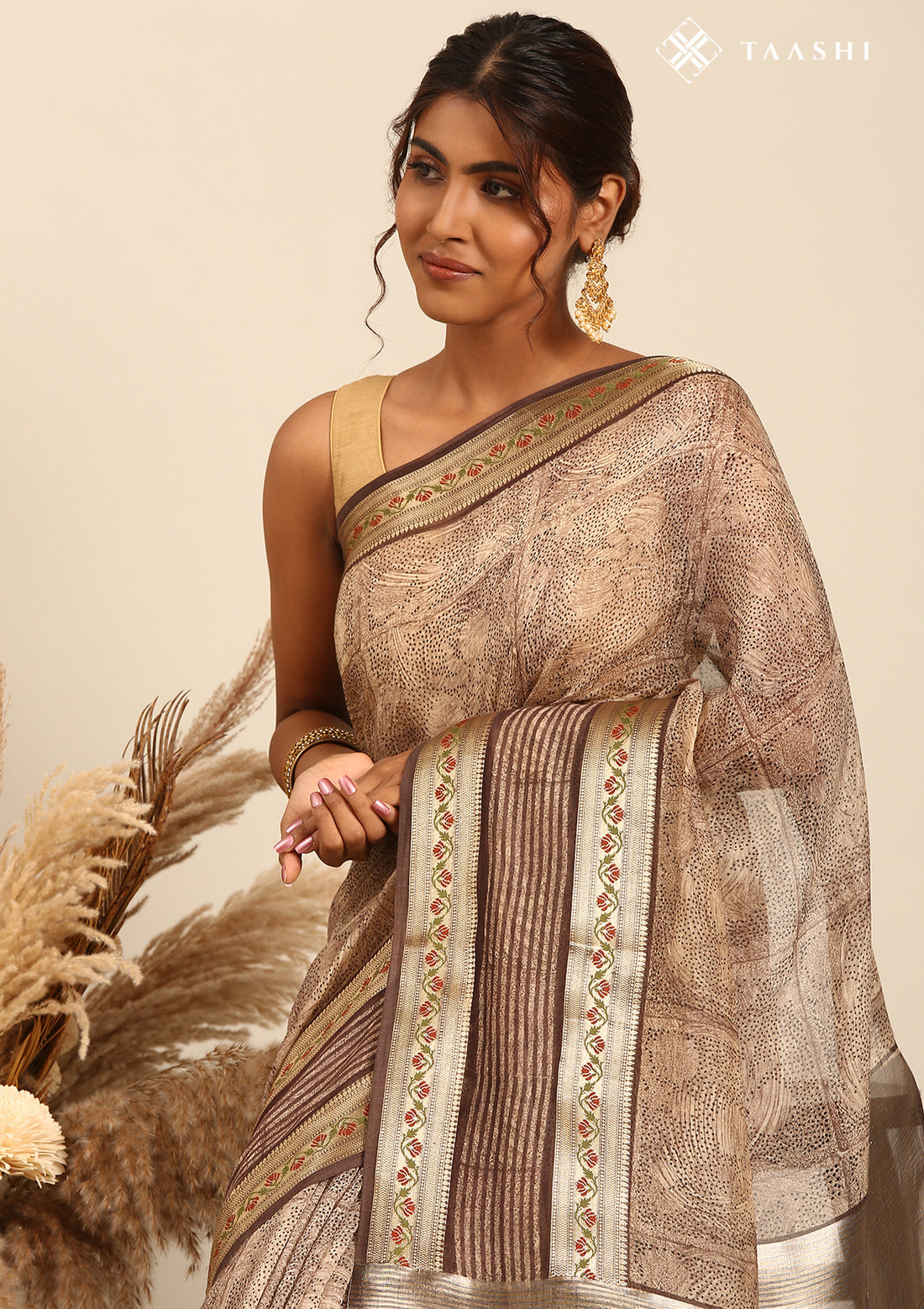Brown Chanderi Saree With Textured Print & Stripes