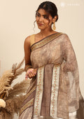 Brown Chanderi Saree With Textured Print & Stripes - Taashi