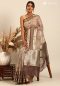 Brown Chanderi Saree With Textured Print & Stripes - Taashi