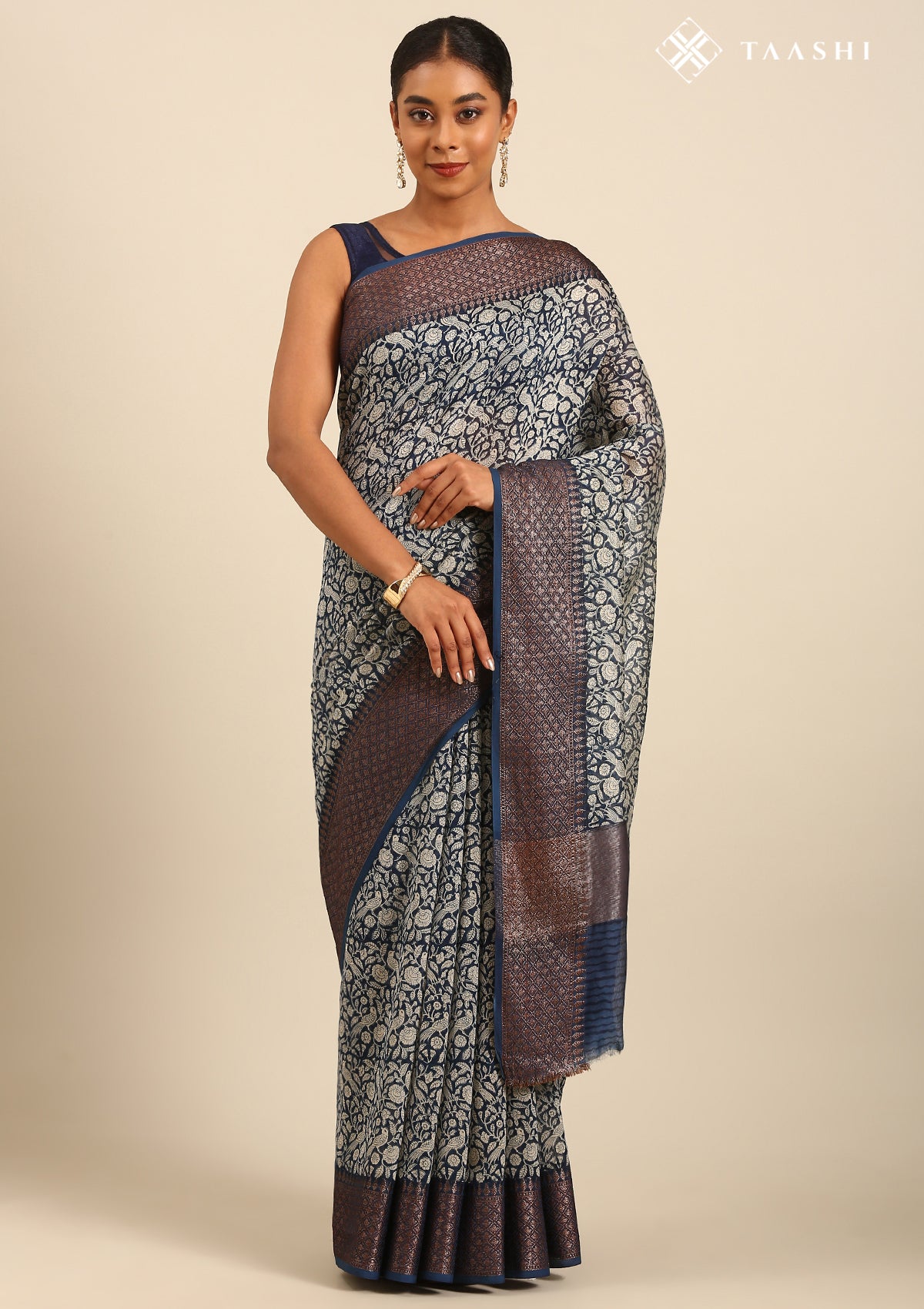 Indigo Floral Parrot Printed Chanderi Saree - Taashi