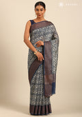 Indigo Floral Parrot Printed Chanderi Saree - Taashi
