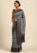 Indigo Floral Parrot Printed Chanderi Saree - Taashi