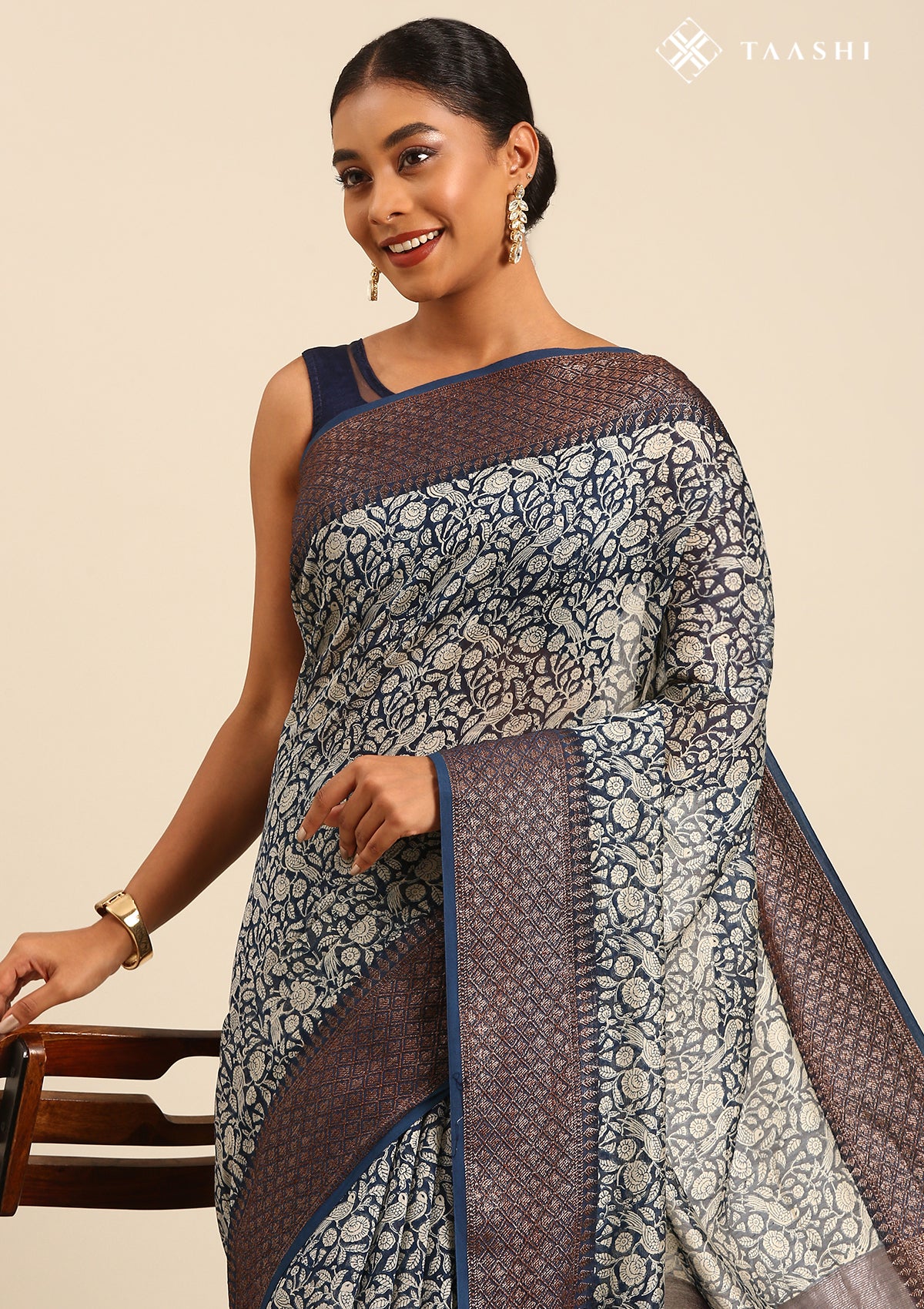 Indigo Floral Parrot Printed Chanderi Saree - Taashi