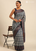 Indigo Floral Parrot Printed Chanderi Saree - Taashi