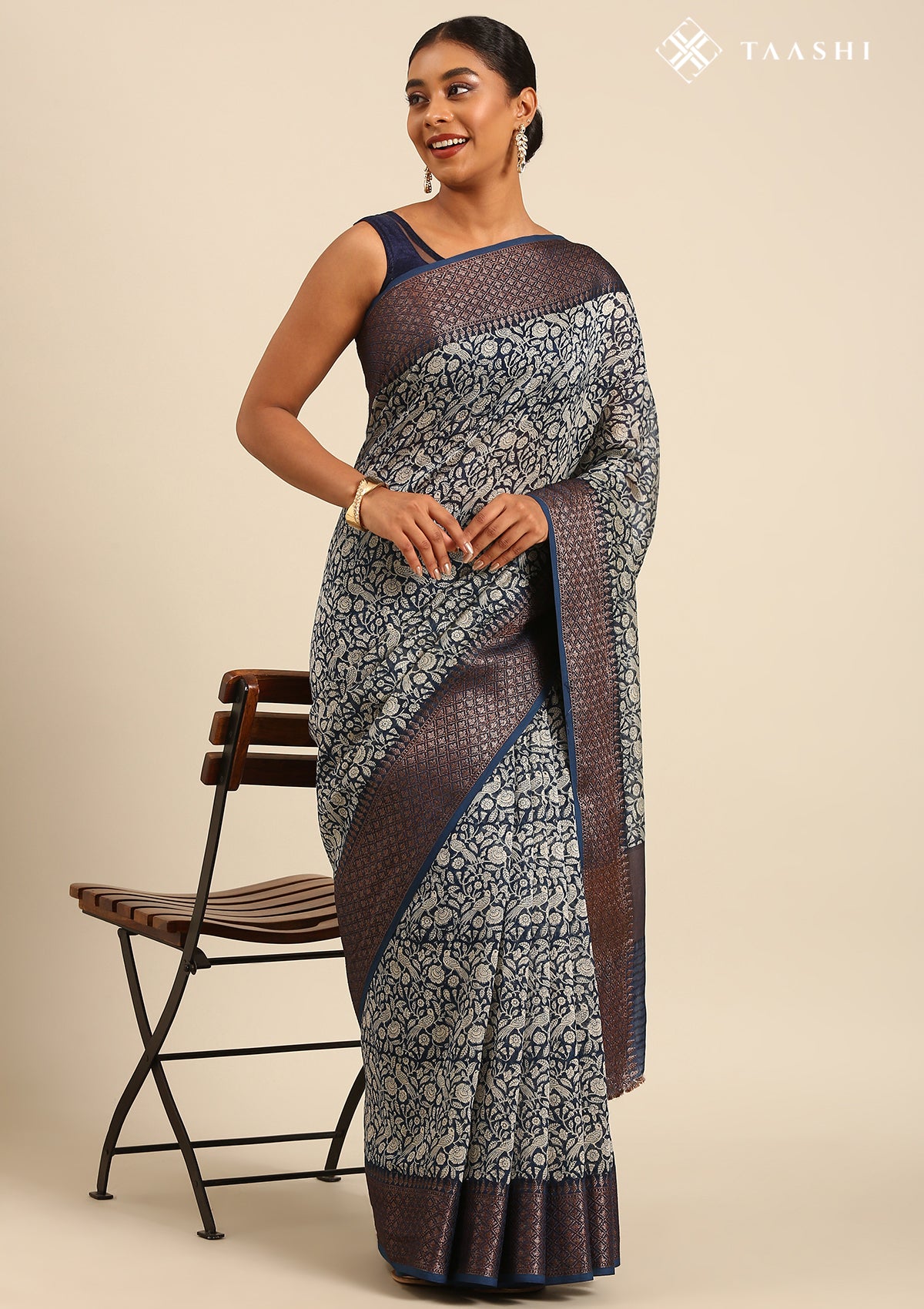 Indigo Floral Parrot Printed Chanderi Saree - Taashi